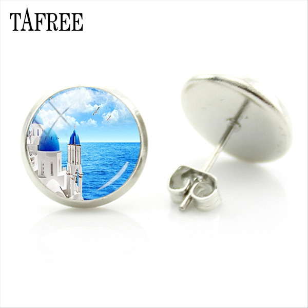 TAFREE Santorini Island Round Stud Earrings Greece Scenery Earrings unique setting 2018 new man women hot sale Jewelry FA409