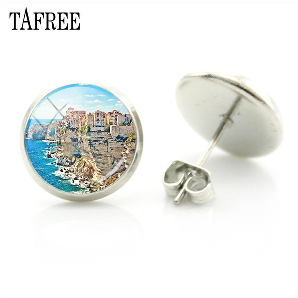 TAFREE Santorini Island Stud Earrings Elegant Classic Glass Cabochon Dome Greece Scenery Souvenir Gifts Handmade Art Photo Jewelry FA416