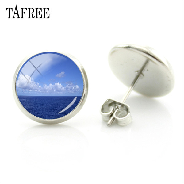 TAFREE Saipan Round Stud Earrings blue sky sea picture Earrings stainless steel relaxing sweet for women girls Jewelry FA105