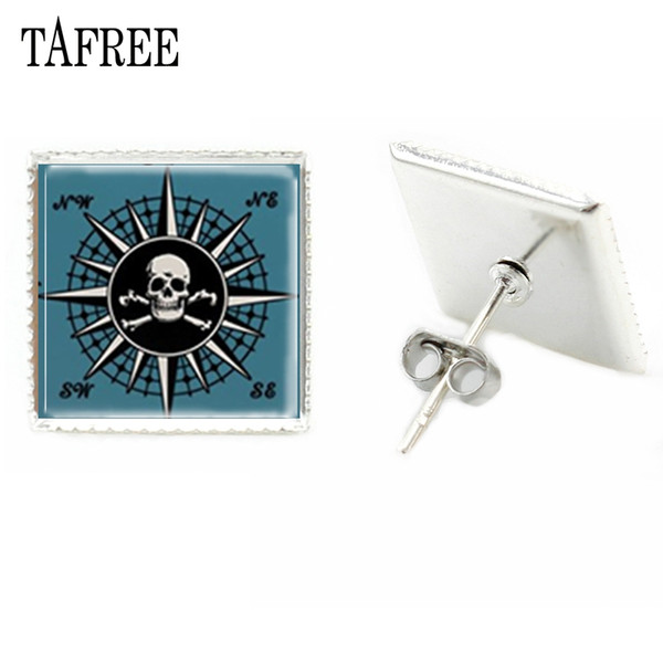 TAFREE Compass & Skeleton Square Stud Earrings Cool Novelty Metal Silver Color Handmade Earring Souvenir Best Friend Jewlry CP31