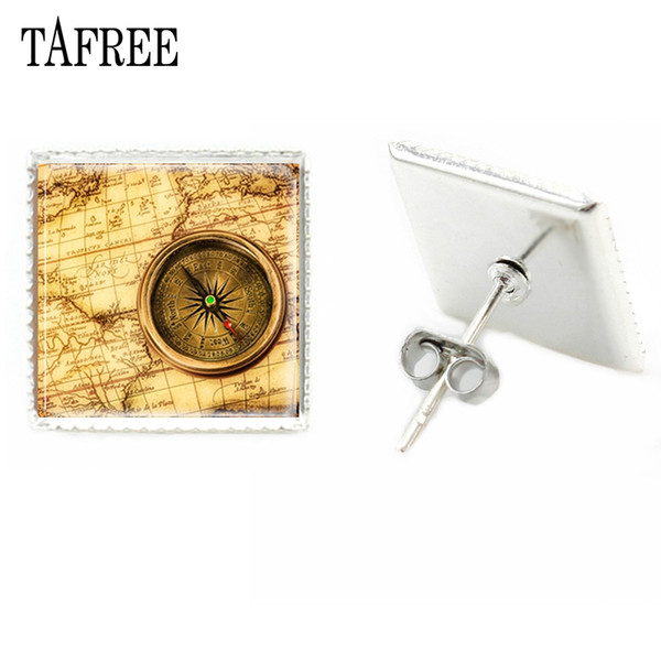 TAFREE Compass Square Stud Earrings New Creative Ancient Map Earring Art Pattern Glass Cabochon Dome Men Women Gifts Jewlry CP07