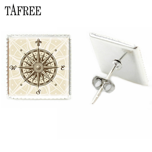 TAFREE Compass Square Stud Earrings Charming Fashion Men Women Ear Studs Earrings Glass Dome Art Badge Jewelry Accessories CP53