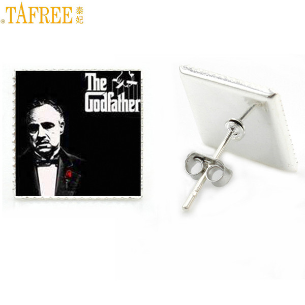 TAFREE vintage The Godfather square stud earrings fashion Gangster movie cool men women photo jewelry 2018 party jewellery MV52