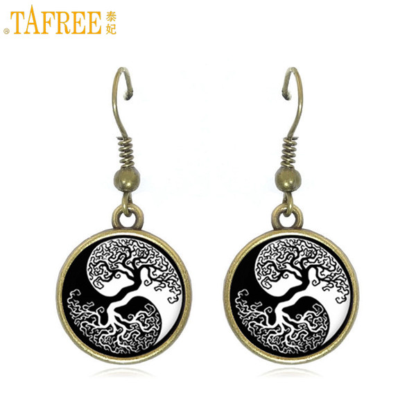 TAFREE vintage yin yang tree of life antique bronze color drop earrings women retro life tree dangle earring ladies jewelry D957