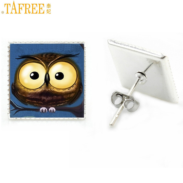 TAFREE Steampunk Baby Owl women stud earrings vintage birds nest black raven glass picture fashion jewelry mother's gifts AA118