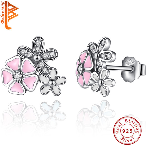 BELAWANG Wholesale Real 925 Sterling Silver Poetic Daisy Cherry Blossom Stud Earrings Mixed&Clear CZ Pink Flower Women Engagement Jewelry