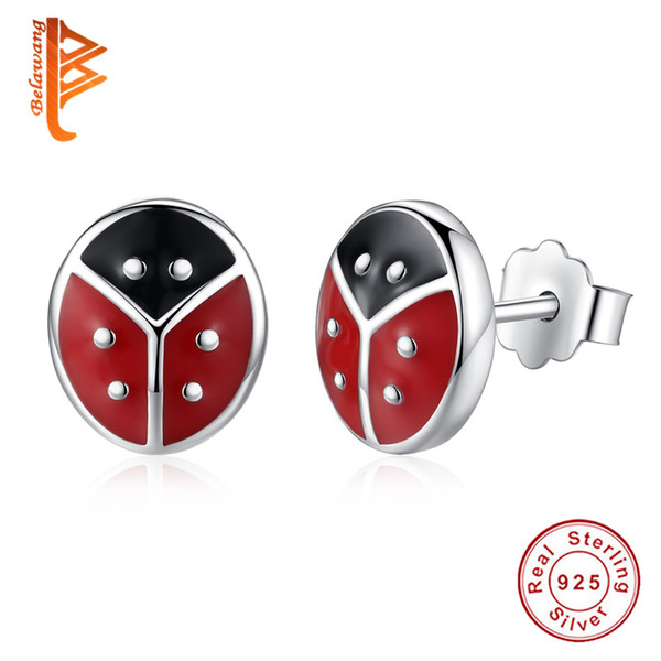 BELAWANG Red Ladybug Stud Earrings 925 Sterling Silver Enamel Women Earrings For lovely Girl Christmas Day Jewelry Gift Free Shipping