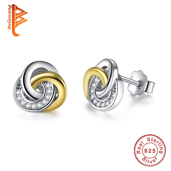 BELAWANG Fashion Real 925 Sterling Silver Jewelry Rose Gold&Silver Small Stud Earrings for Woman Double Colors Knot Earrings Girl Earring