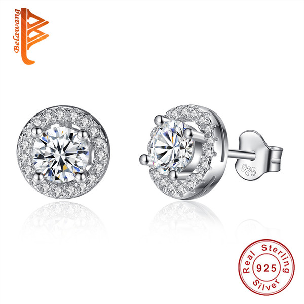 BELAWANG New Item Vintage Elegance Stud Earrings with Clear CZ 925 Sterling Silver Round Austria Crystal Earrings Fashion Women Jewelry Gift