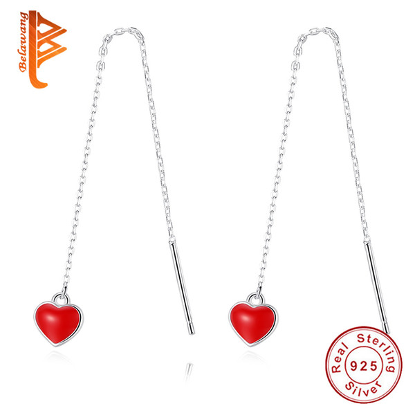 BELAWANG Authentic 925 Sterling Silver Sweet Heart Drop Earrings for Women Red Enamel Long Tassel Earrings Female Jewelry Gift