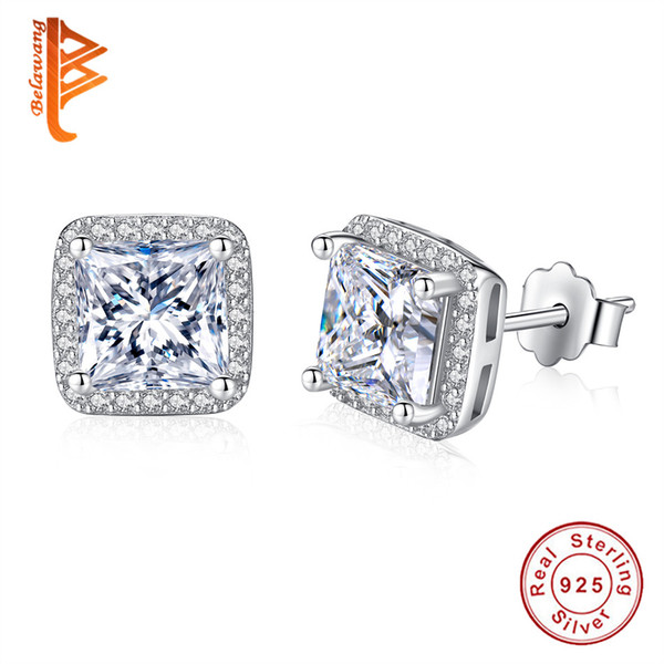 BELAWANG Genuine 925 Sterling Silver Clear Crystal Earrings Simulated Diamonds 4 Claw Princess Cut CZ Stud Earrings for Women Wholesale 8mm