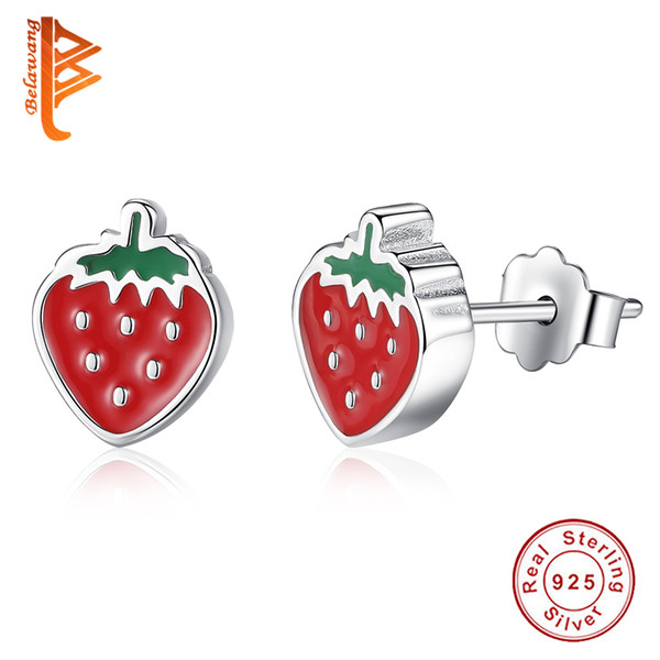 BELAWANG Wholesale Women 925 Sterling Silver Strawberry Shape Stud Earring Creative Red Enamel Fruit Earrings For Girls Jewelry Gift