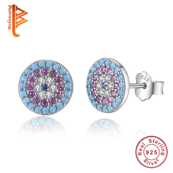 BELAWANG Newest Blue&Purple&White Cubic Zirconia Evil Eye Stud Earrings 925 Sterling Silver Women Earrings For Christmas Day Jewelry Gift