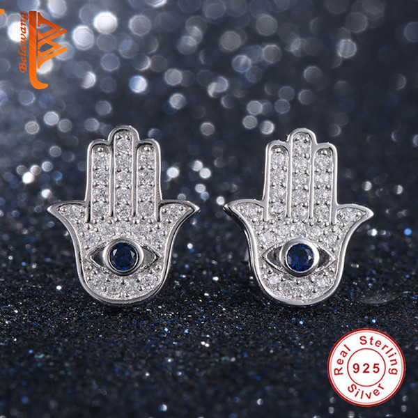 BELAWANG Original 925 Sterling Silver Blue Evil Eye Hamsa Hand Stud Earrings For Women with Clear CZ Crystal Earrings Jewelry Gift