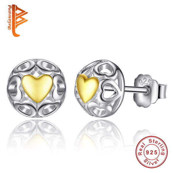 BELAWANG Vintage 925 Sterling Silver Love Stud Earrings for Women With Rose Gold Color Heart Openwork Heart Earrings Jewelry Wholesale