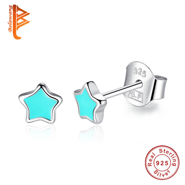 BELAWANG Blue&Pink Enamel Five-pointed Star Earrings for Women Vintage Jewelry 2017 New 925 Sterling Silver Stud Earrings Birthday Gift