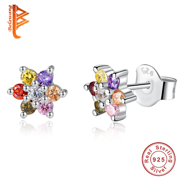 BELAWANG 925 Sterling Silver Star Stud Earrings Multi-color Crystal Flower Earrings with CZ Jewelry Gift for Women Children Free Shipping