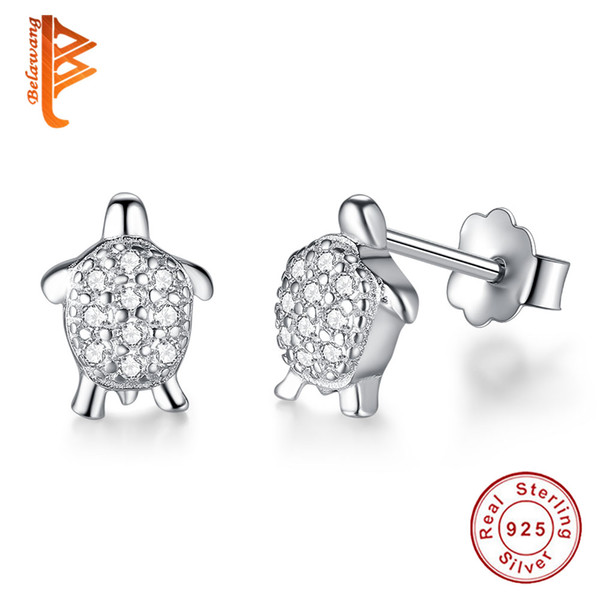 BELAWANG Presents Fashion 925 Sterling Silver Earrings Petite Tortoise Stud Earrings with Clear CZ Compatible Jewelry Earring for women