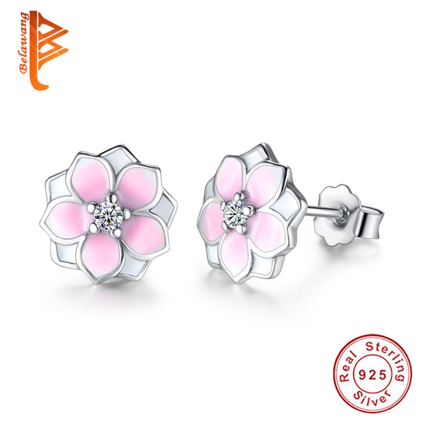 BELAWANG Fashion Magnolia Bloom Stud Earrings Solid 925 Sterling Silver Pale Cerise Enamel & Pink CZ Flowers Earrings for Women Jewelry