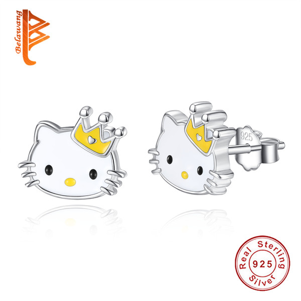 BELAWANG Luxury 925 Sterling Silver Yellow Enamel Hello Kitty Push-back Stud Earrings for Women & Girls Christmas Gift Jewelry