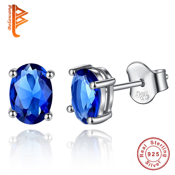 BELAWANG Wholesale Wedding CZ Diamond Sapphire Jewelry Stud Earrings 925 Sterling Silver Blue Austrian Crystal Elegant Earring For Women