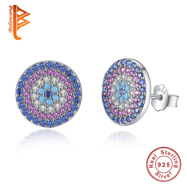 BELAWANG New Item 925 Sterling Silver Earrings with Blue&Purple&White Cubic Zirconia Evil Eye Stud Earrings For Women Fashion Jewelry Gift