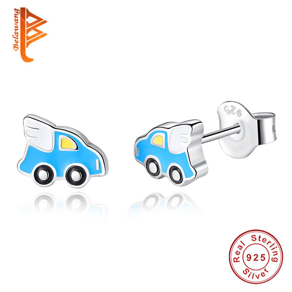 BELAWANG 925 Sterling Silver Children Stud Earrings Blue Enamel Cartoon Fly Car Earrings for Children Women Lovely Jewelry Free Shipping