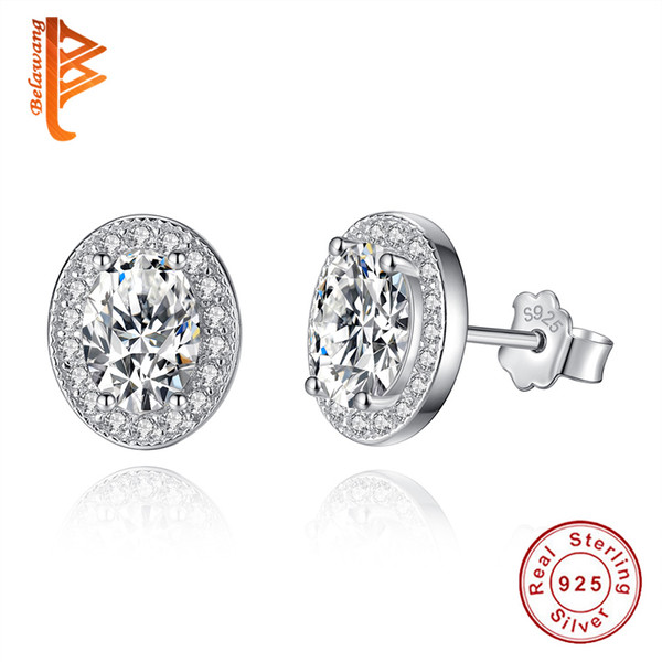 BELAWANG 925 Sterling Silver Vintage Elegance Stud Earrings with Clear CZ Oval Austria Crystal Earrings for Women Mother's Day Jewelry Gift