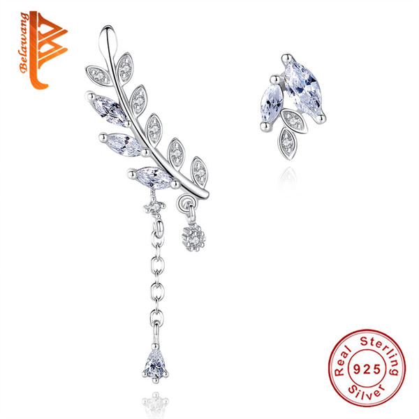 BELAWANG 925 Sterling Silver Asymmetry Stud Earrings with Cubic Zircon Crystal Fallen Leave Shape Tree of Life Stud Earrings For Women Gift