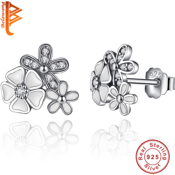 BELAWANG Wholesale Fashion 925 Sterling Silver Primrose Daisy Flower Stud Earrings White Enamel &Clear CZ Women Jewelry with Cubic Zirconia