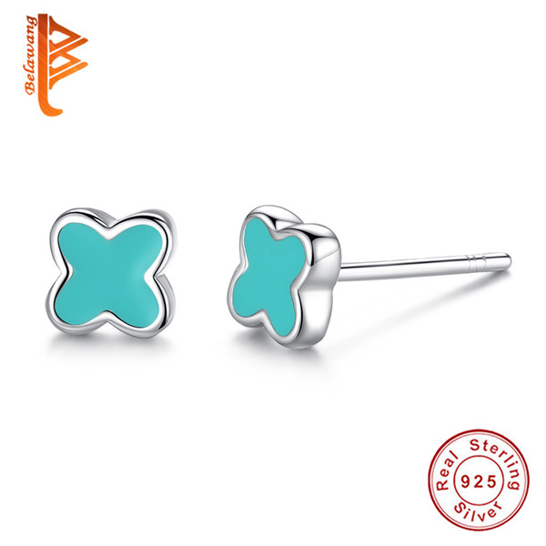 BELAWANG Authentic 925 Sterling Silver Pink&Blue Enamel Lucky Four Leaf Clover Stud Earrings For Women Girl Fashion Earring Jewelry Gift