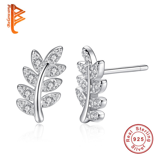 BELAWANG Brand Design Delicate Clear Cubic Zircon Crystal Fallen Leave Shape 925 Sterling Silver Tree of Life Stud Earrings For Women Gift