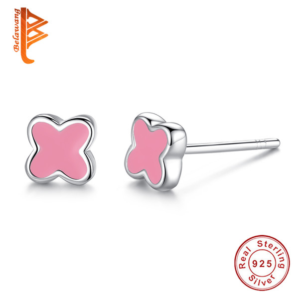 BELAWANG Pink&Blue Enamel Lucky Four Leaf Clover Stud Earrings Women Girl 925 Sterling Silver Fashion Earring Jewelry Gift Wholesale