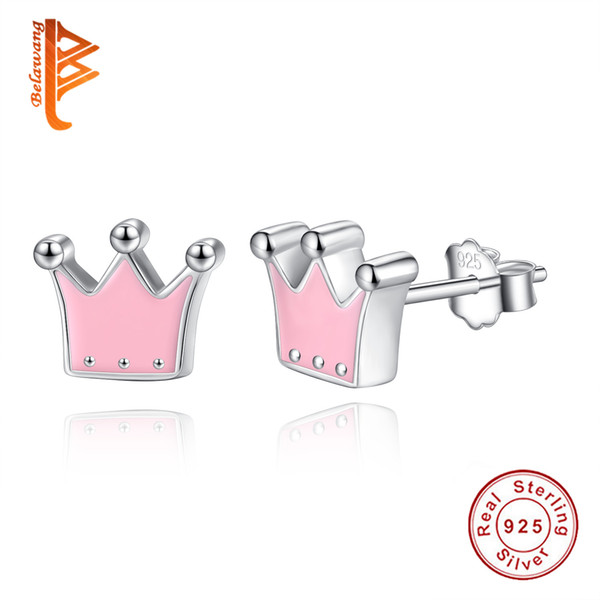 BELAWANG Authentic 100% Solid 925 Sterling Silver Pink Enamel Princess Crown Stud Earrings For Women Fashion Lady Sterling-silver-jewelry