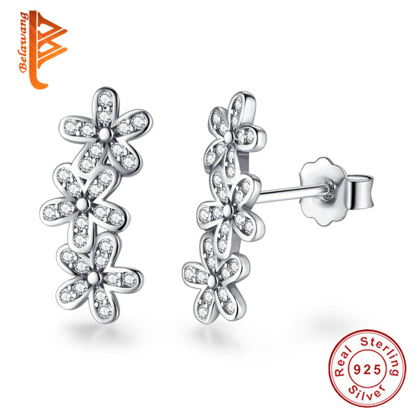 BELAWANG Wholesale 925 Sterling Silver Dazzling Daisies Flower Stud Earrings Clear CZ Fashion Earring for Women Wedding Engagement Jewelry