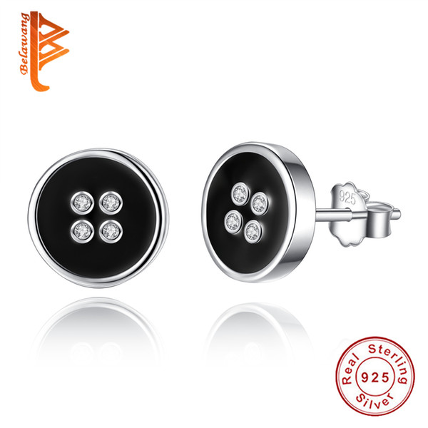 BELAWANG Classic 925 Sterling Silver Black Enamel Round Button Stud Earrings for Women Fashion Earring Jewelry birthday Gift Brincos