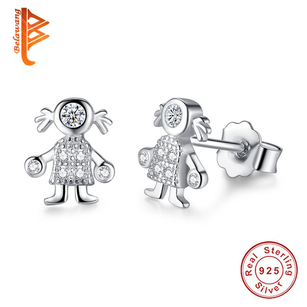 BELAWANG Trendy 925 Sterling Silver Stud Earrings Allergy Lovely Cute Girl Shape Earrings with CZ for Women Children Friendship Wholesale