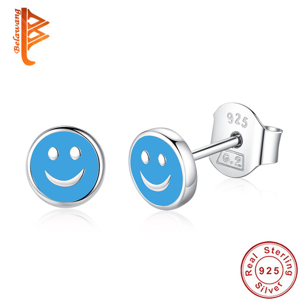 BELAWANG 925 Sterling Silver Earrings Cute Blue&Yellow&Pink Smile Face Stud Earrings for Women/Lover Fashion Earring Jewelry Birthday Gift