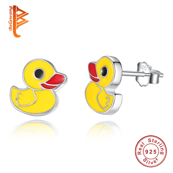 BELAWANG Fashion 925 Sterling Silver Yellow Enamel Duck Stud Earrings For Women Girl Lovely Animal Duck Earrings Female Jewelry Brincos