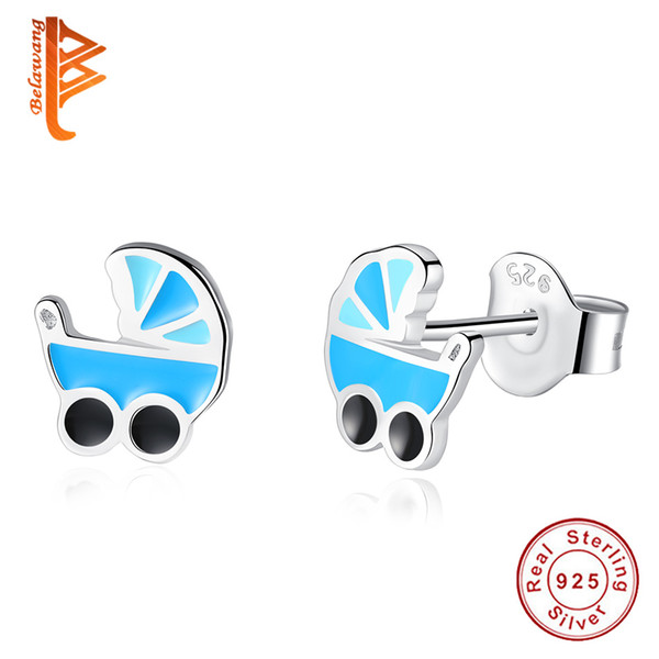 BELAWANG for Children Blue Enamel Cartoon Baby Stroller Earrings 925 Sterling Silver Children Stud Earrings Women Lovely Jewelry Gift