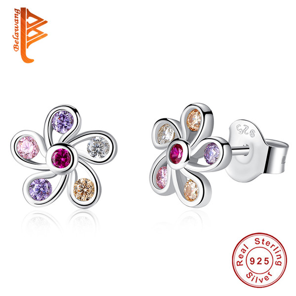 BELAWANG 925 Sterling Silver Multi-color Crystal Stud Earrings Flower Earrings with CZ Fashion Women Children Jewelry Gift Free Shipping