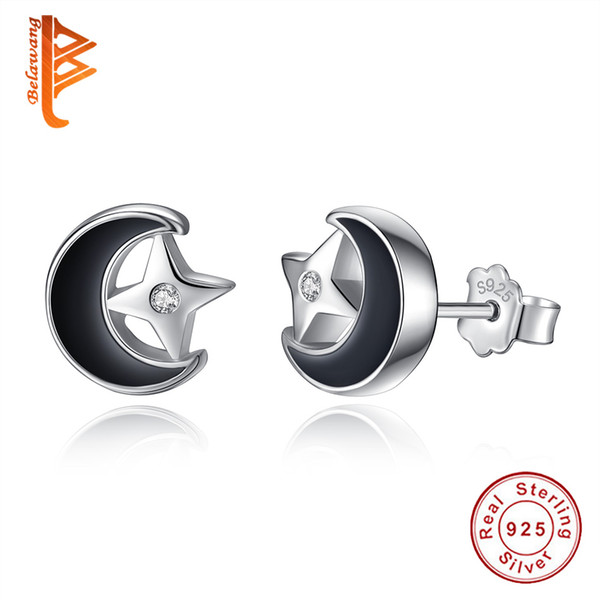 BELAWANG New Fashion Enamel Moon&Star Stud Earrings 925 Sterling Silver CZ Earring For Women Girls Children Jewelry Gift Free Shipping