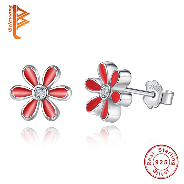 BELAWANG 925 Sterling Silver Red Enamel Flower Stud Earring Women Girls Children Earrings for Birthday Friendship Jewelry Gift Free Shipping