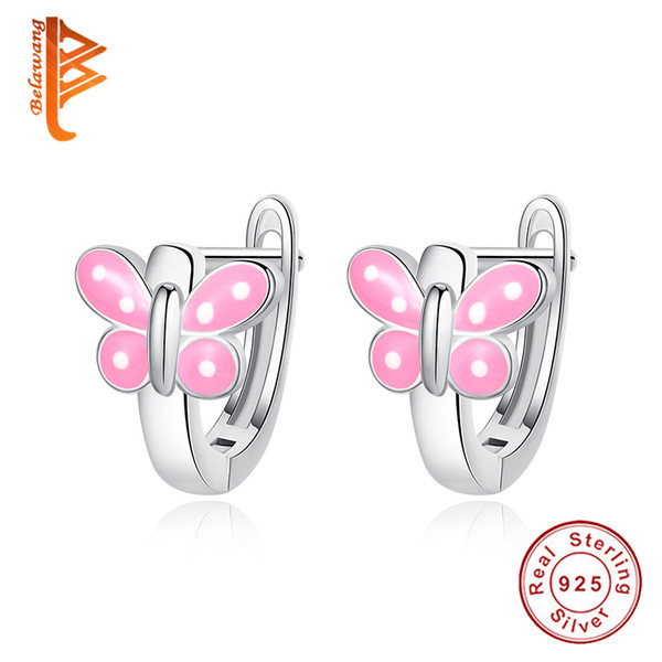 BELAWANG Animal Earrings 925 Sterling Silver Hoop Butterfly Earrings For Women Children Pink Enamel Earrings Fashion Jewelry Free Shipping