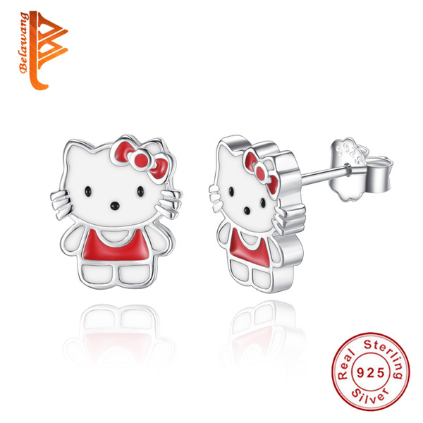 BELAWANG Wholesale Fashion 925 Sterling Silver Earrings Red Enamel Pretty Kitty Cat Cartoon Stud Earrings For Women Girls Birthday Jewelry