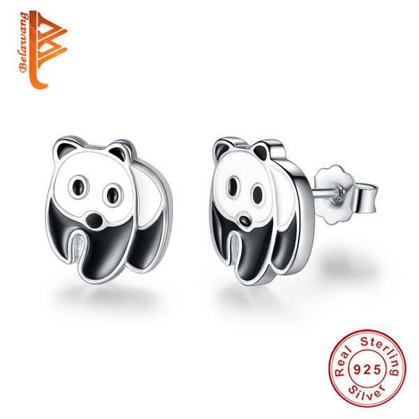 BELAWANG 2017 Genuine 925 Sterling Silver Cute Panda Stud Earrings for Women Girls Black White Enamel Earring Jewelry Gift Chinese Style