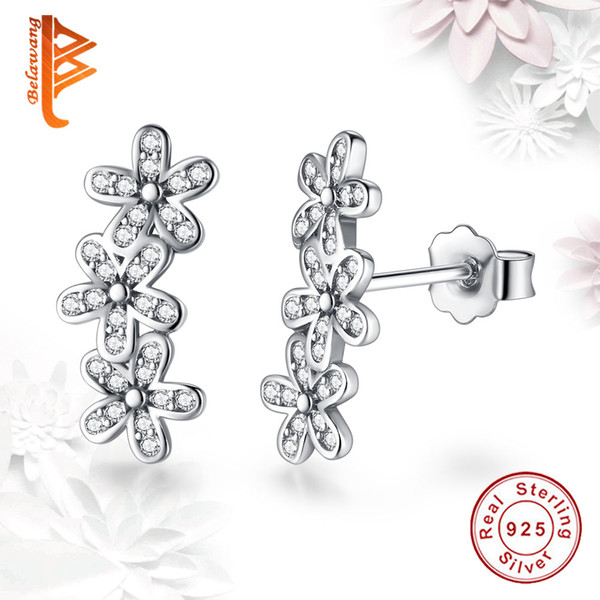 BELAWANG Women Wedding Engagement Jewelry 925 Sterling Silver Dazzling Daisies Flower Stud Earrings Clear CZ Love Earrings Wholesale