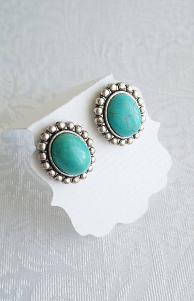 Fashion green stone stud earrings Antique Silver Plated earrings blue stone stud earrings for women wholesale free shipping