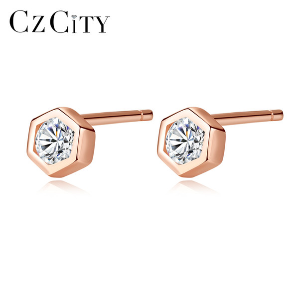 PAG&MAG New Luxury Lady 925 Sterling Silver Tiny Geometric CZ Crystal Stud Earring For Women Rose Gold Color Daily-life Brincos Rated 5.0 /