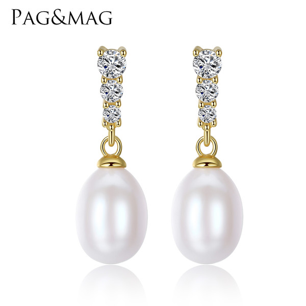 PAG&MAG Brand Classic Small Stud Earrings Freshwater 8-9mm Natural Pearl 925 Sterling Silver Stud Fashion Earrings